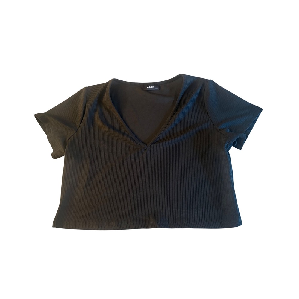 Cider Womens 3XL Black Ribbed Knit V-Neck Short Sleeve Cropped Top Tee